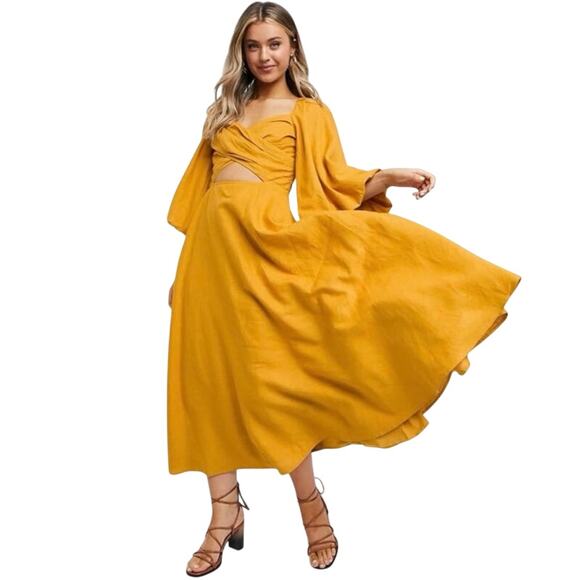 ASOS Puff Sleeve Linen Blend Sundress Mustard Midi Open Back Dress Size 0 - Picture 1 of 10